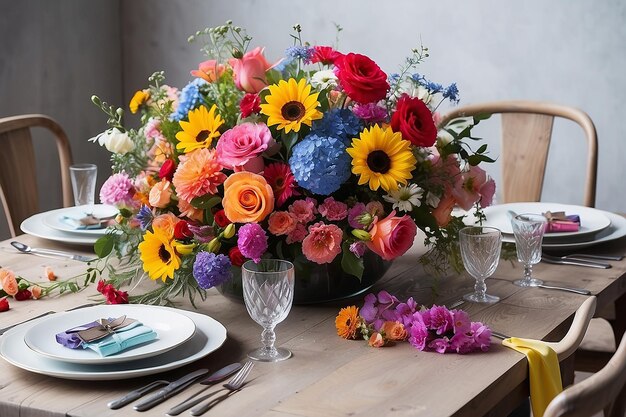 写真 色とりどりの花でテーブルを飾る