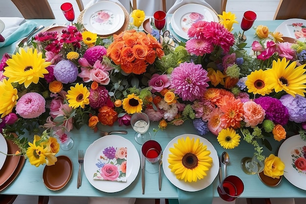 사진 많은 색의 꽃으로 테이블을 장식하는 것