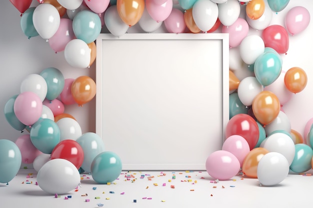 Decoration balloons confetti gift frame with pastel color space background Generative AI