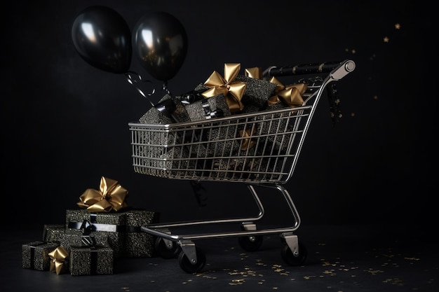 Decoration for black friday with presents in cart