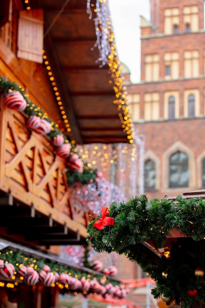 Decoration of Christmas fair houses in old town market of Wroclaw, Poland in 2021