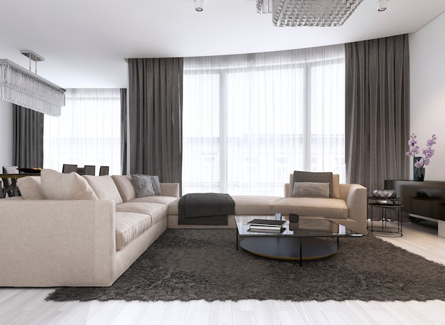 Decoration and design of contemporary living room. 3d rendering
