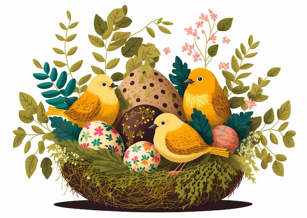 Photo decoration easter eggs with spring flowers and cute birds happy easter