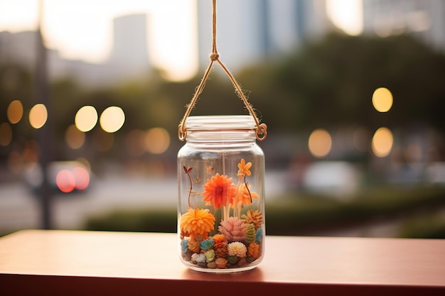 Photo decoration glass jar with flowers hanging with blur garden background