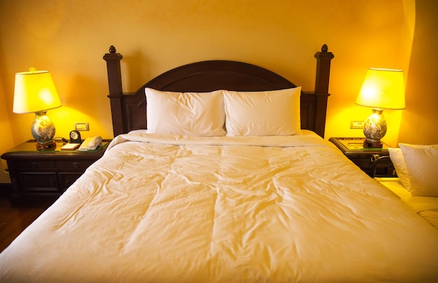 Decoration of hotel room with comfortable bed