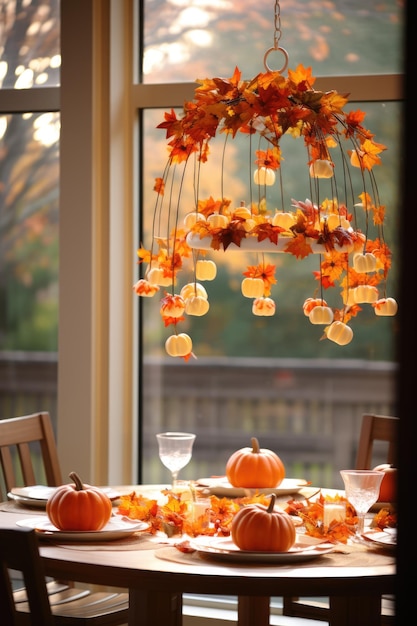 Decoration ideas of countryhouse for fall holidays Autumn decor with wreath and suspended pumpkins for thanksgiving and halloween