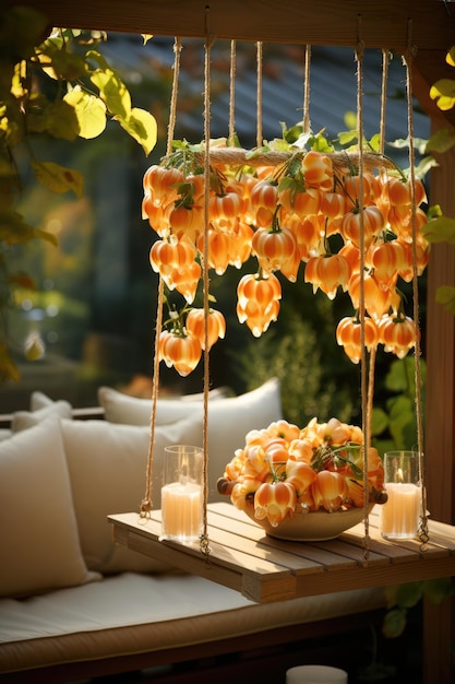 Photo decoration ideas of countryhouse for fall holidays autumn decor with wreath and suspended pumpkins for thanksgiving and halloween