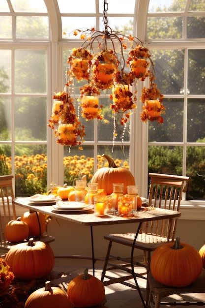 Photo decoration ideas of countryhouse for fall holidays autumn decor with wreath and suspended pumpkins for thanksgiving and halloween