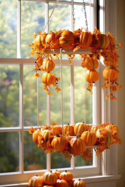 Decoration ideas of countryhouse for fall holidays Autumn decor with wreath and suspended pumpkins for thanksgiving and halloween