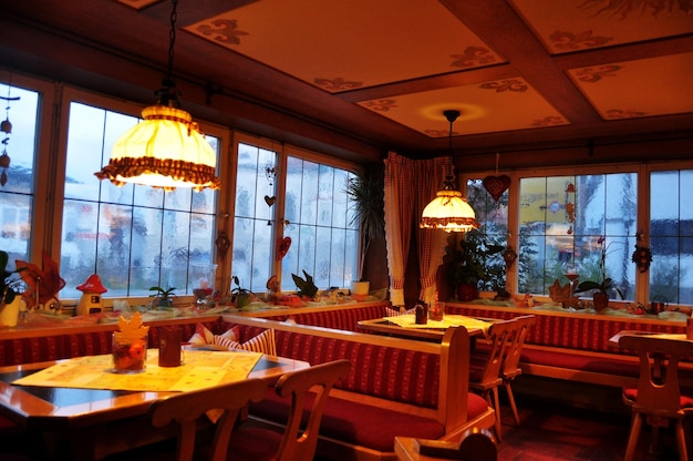 Decoration and interior at inside of luxury modern restaurant for local people and travelers foreigner use service at Pfunds village valley hill in evening time on November 4 2016 in Tyrol Austria