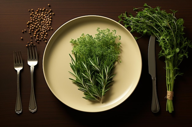写真 白い皿の上のテーブルの緑の草の装飾