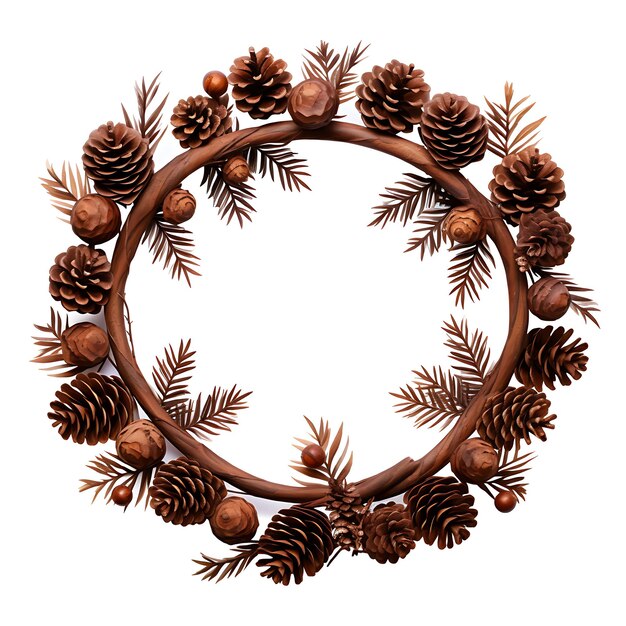Foto decorazione di ghirlanda di cono di pino decorazione naturale marrone circolare un festivo isolato su bianco bg