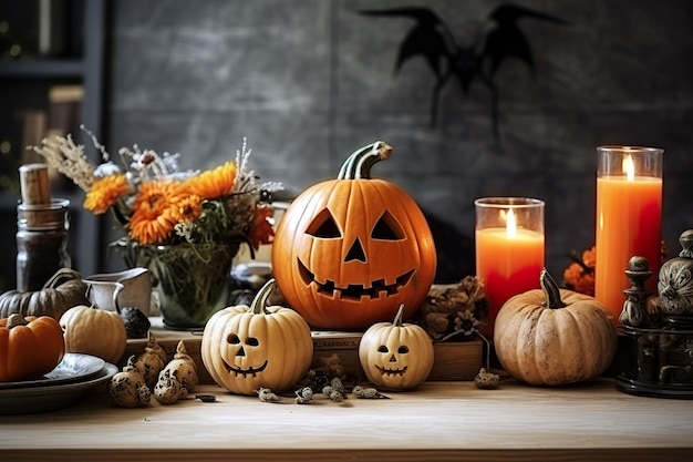 Decoration and pumpkins in a kitchen table