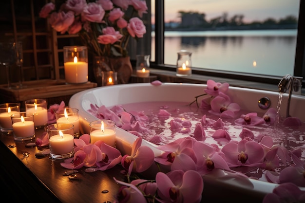 decoration romantic bathtub with burning candles towels petal flower inspirtaion ideas