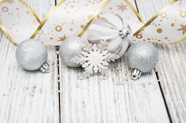 Decoration of silver christmas baubles