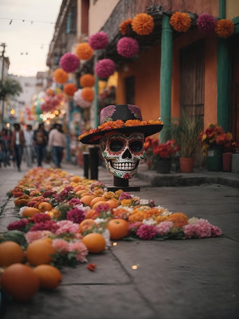 メキシコのデー・オブ・ザ・デッド祝賀のための街の装飾