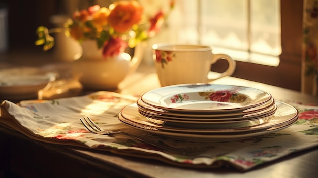 Decoration table covered with a tablecloth with dishes flowers Generative AI