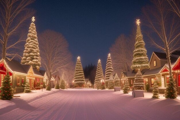 Decorazione con una panchina e un albero di natale con ghirlande rosse e dorate vicino ai regali di natale in scatole rosse con fiocchi di neve al crepuscolo