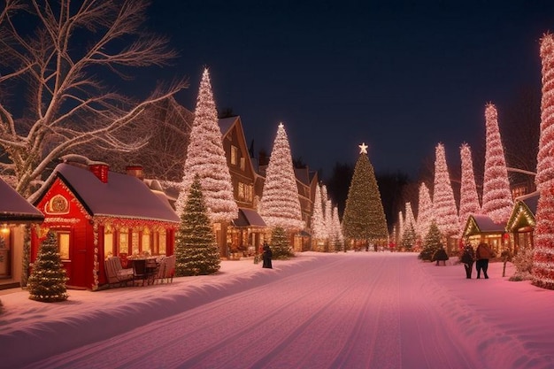 Photo decoration with a bench and christmas tree with red and golden garlands close to xmas gifts in red boxes with snowy flakes at twilight