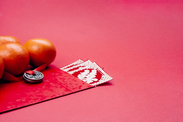 Decorations for the chinese new year on a red background