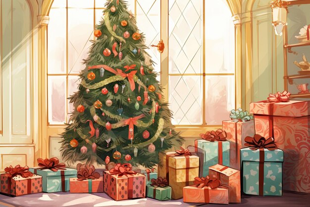 Decorations and gifts under the tree illustration