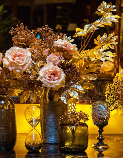 decorations on the table in the living room in front of the mirror in retro style