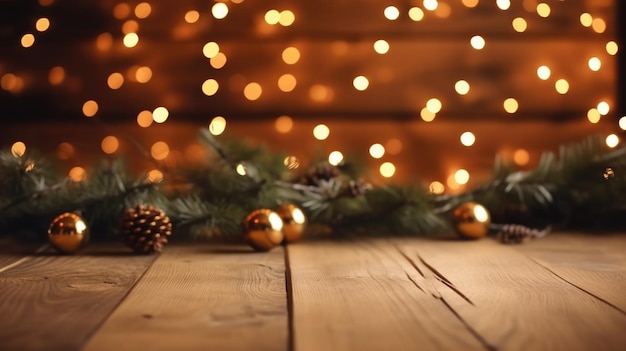 木製の背景のクリスマスツリーの枝,バブル,ライトで装飾