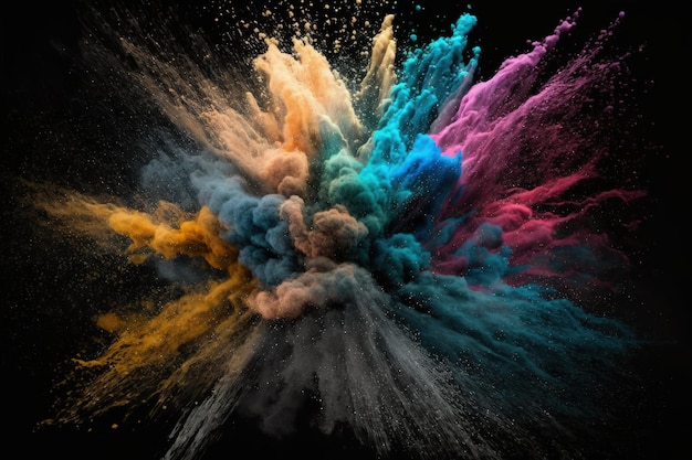 Decorative abstract chaotic color explosion of powder with copy space on a dark backdrop