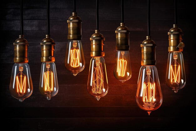 Decorative antique Edison style light bulbs different shapes of retro lamps on dark background