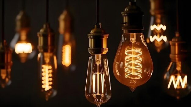 Photo decorative antique retro edison light bulbs on dark background generative ai