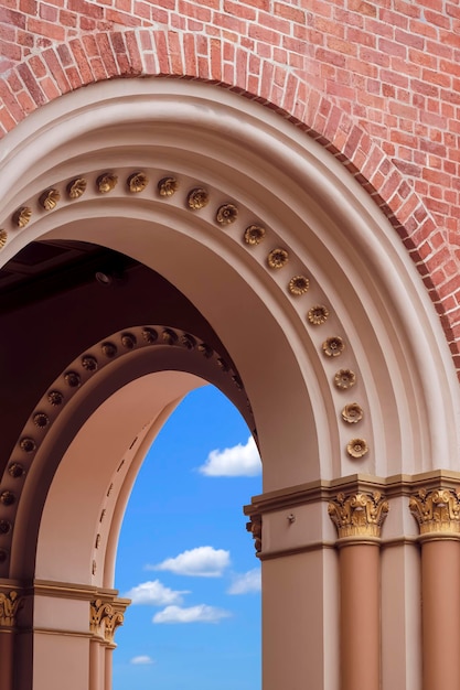 Decorative arch door with column on brick wall of the old church building in vertical frame