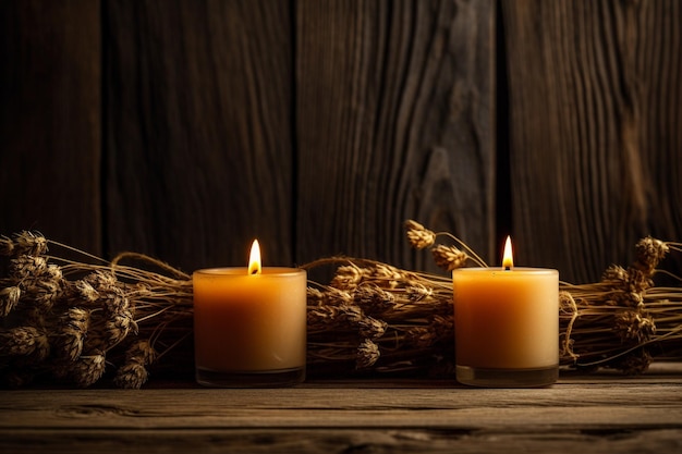 Decorative aroma candles on wooden background