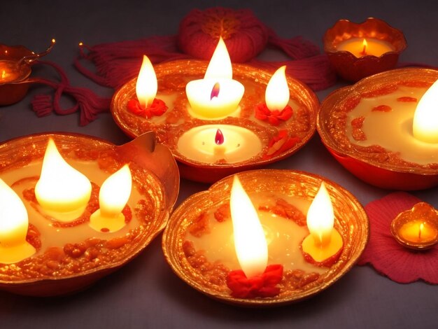 A decorative arrangement of diyas for a diwali card