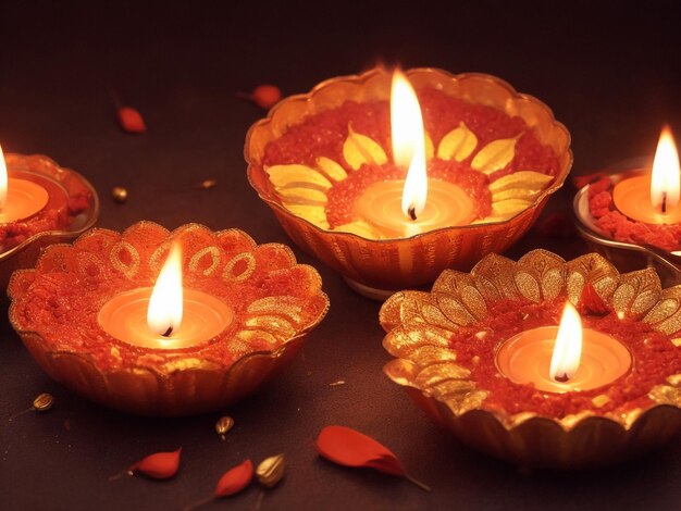 Foto un arrangiamento decorativo di diyas per un biglietto diwali