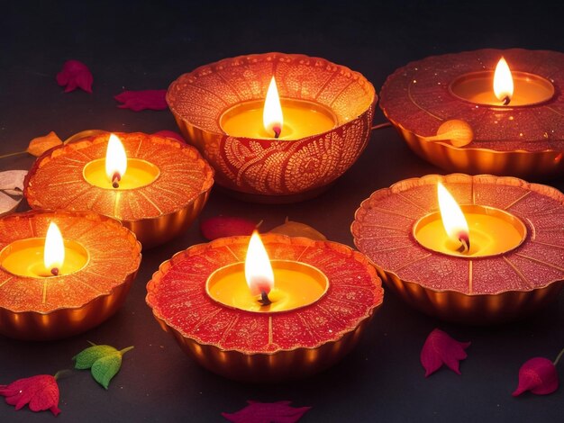 A decorative arrangement of diyas for a diwali card