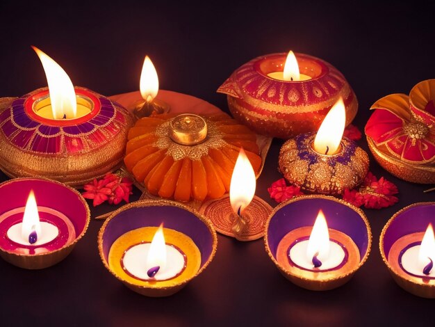 A decorative arrangement of diyas for a diwali card