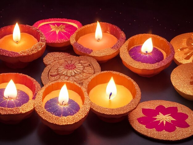 A decorative arrangement of diyas for a diwali card