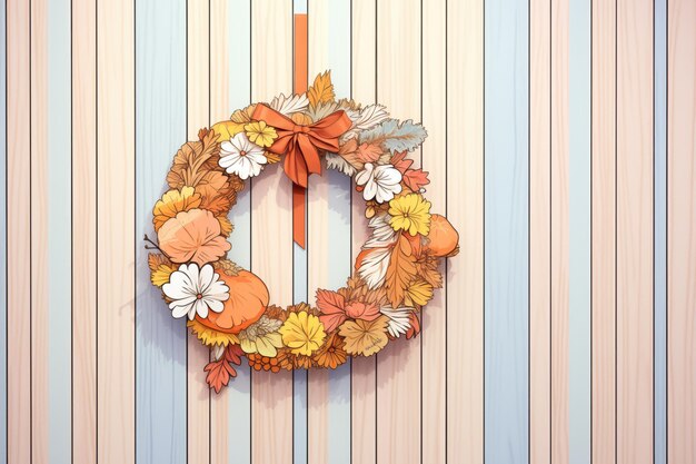 Decorative autumnal wreath hanging on a plain door