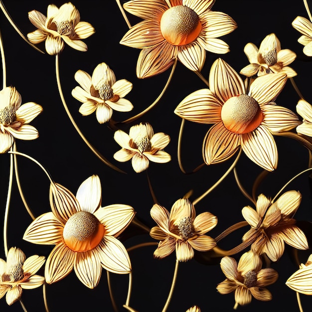 Decorative background with metallic flowers made of filigree gold wire on black 3D illustration