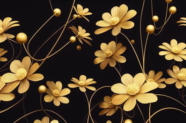 Decorative background with metallic flowers made of filigree\
gold wire on black 3d illustration