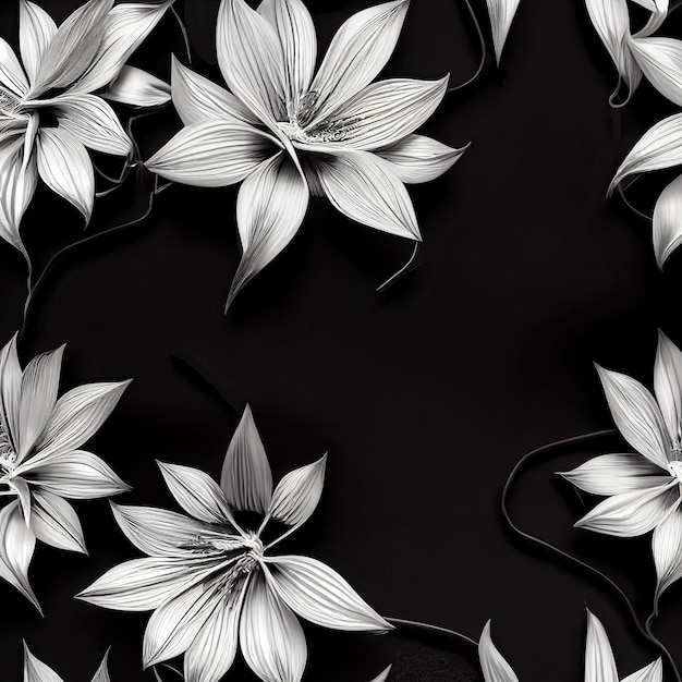 Decorative background with metallic flowers made of filigree silver wire on black 3D illustration
