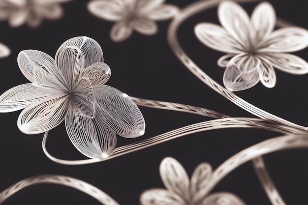 Sfondo decorativo con fiori metallici in filo d'argento filigranato su illustrazione 3d nera