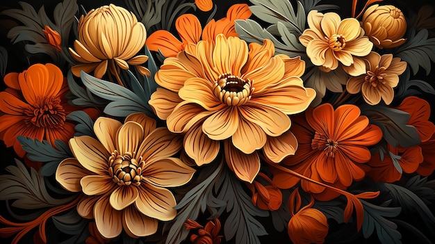 Decorative background with orange marigolds symbol of mexican holiday Day of dead