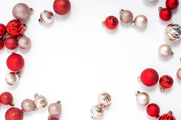 Decorative balls on a white background. Top view, flat lay.