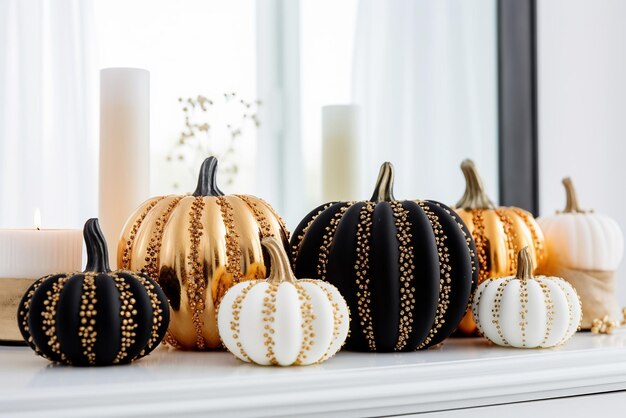 Decorative black white and golden pumpkins Autumn home decor concept AI Generative