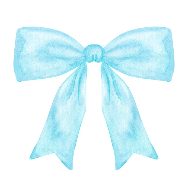 Photo decorative blue bow with long ribbon accessory little girl hand drawn watercolor illustration isolated on white background for gender reveal party baby shower childrens design