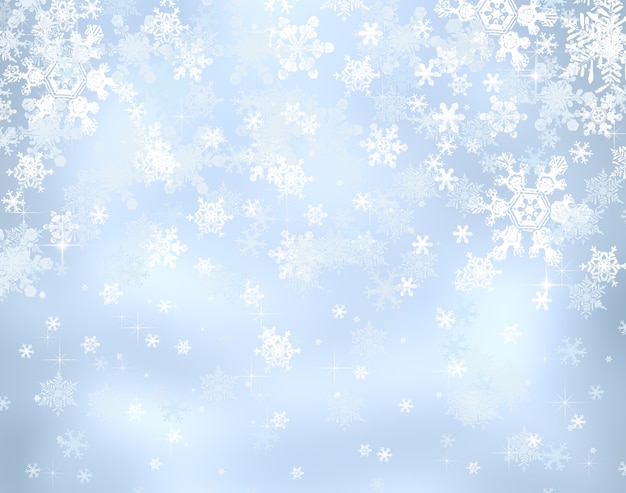 Декоративный синий новогодний фон с огнями боке и снежинками