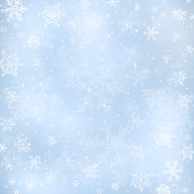 Decorative blue christmas background with bokeh lights and snowflakes