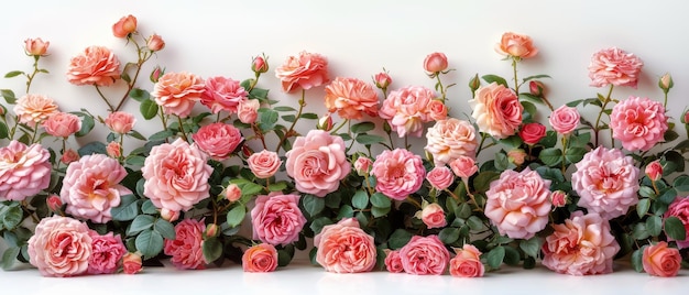 Decorative border with pink roses isolated on white with space for a photo or text