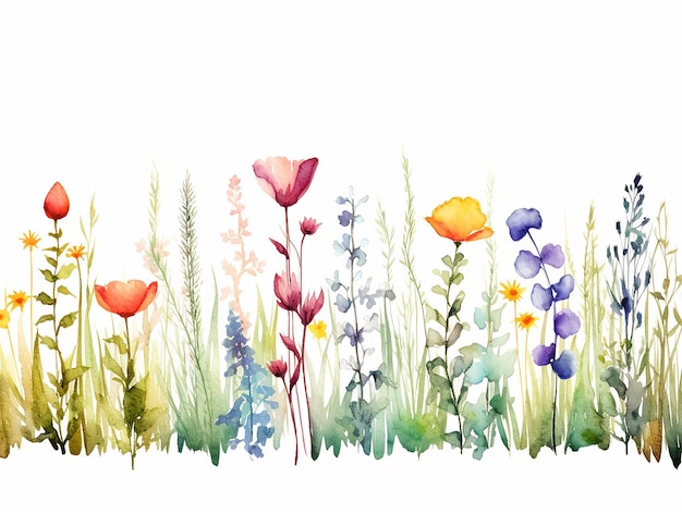 Decorative border with wildflowers in style of fluded watercolor on white background